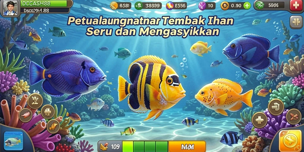 Tampilan gameplay seru dengan ikan-ikan berwarna-warni.