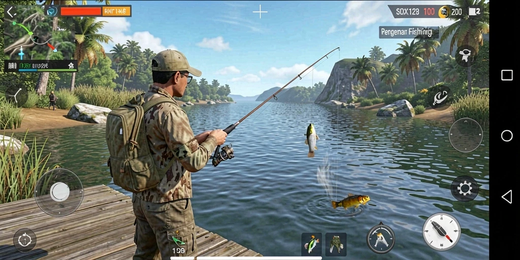 Screenshot gameplay NOX123 dengan aksi memancing di danau alami.