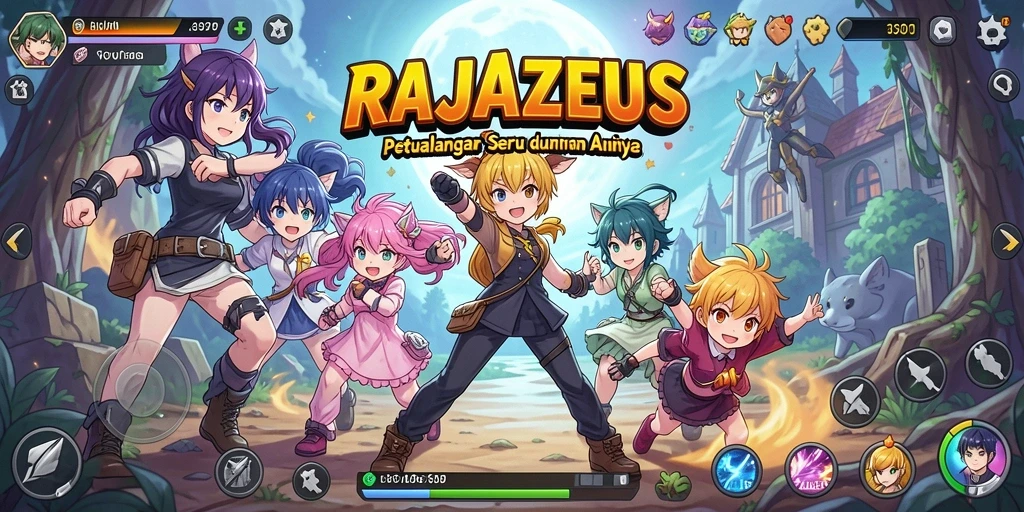 Screenshot gameplay RAJAZEUS menampilkan pertarungan seru di dunia anime.
